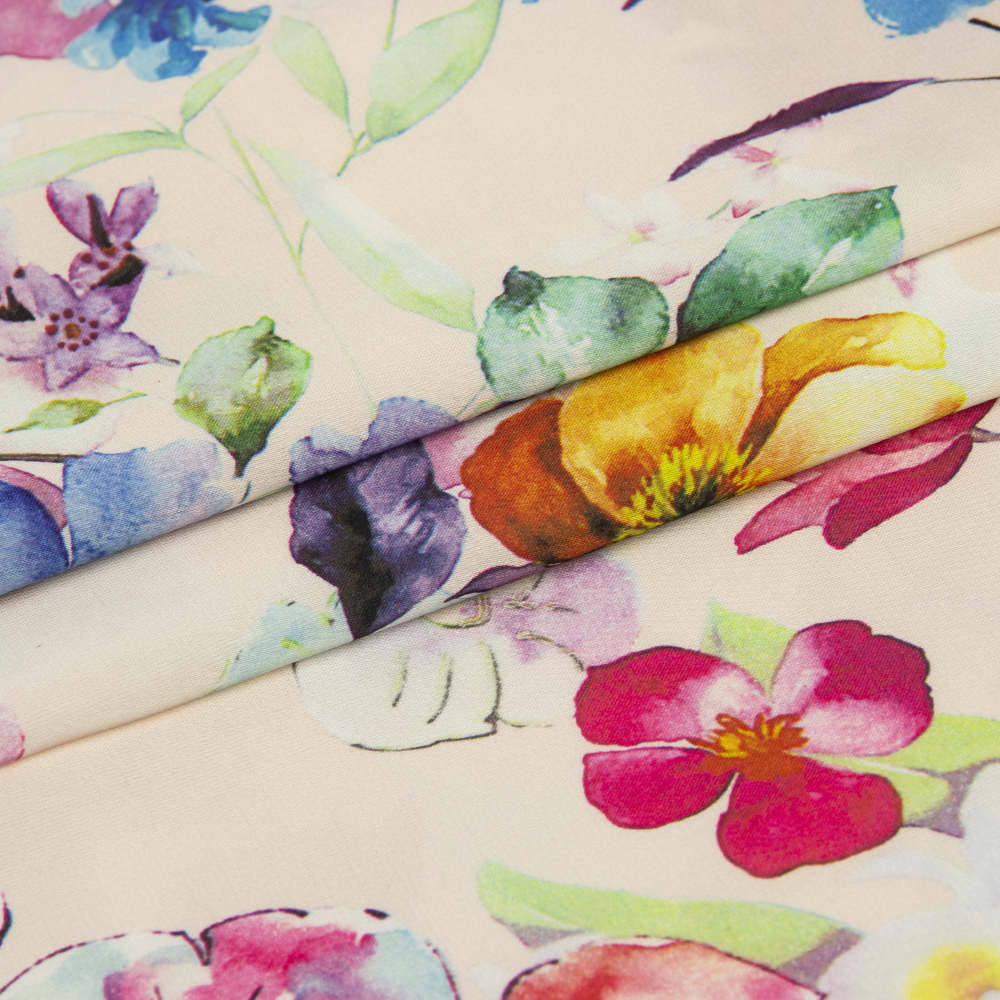 Ткань Армани шелк принт цветы KP11103.12 молочный/розовый (86г/кв.м) 150 см/±50м