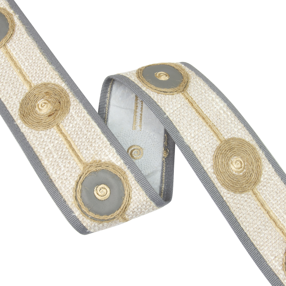 Бордюры с вышивкой 18A-8-1 Mirtex Premium серый/св.бежевый/джут/иск.кожа "Bon Voyage" (6 см/±15 м)