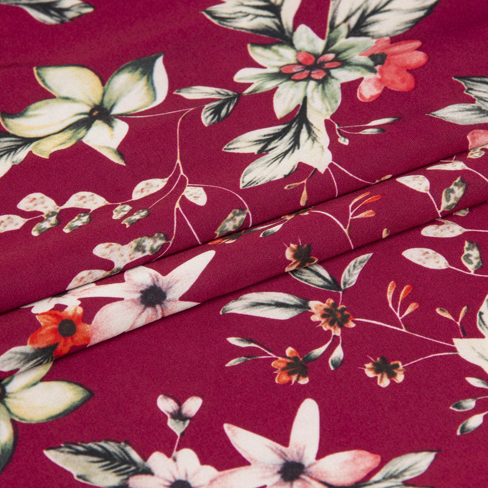 Ткань Армани шелк принт цветы KP11103.11 вишневый/зеленый (86г/кв.м) 150 см/±50м