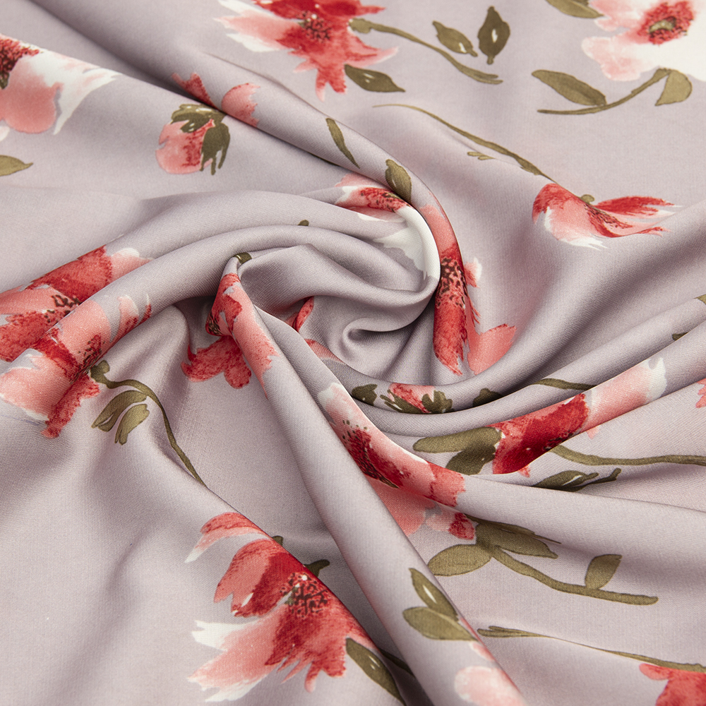 Ткань Армани шелк принт цветы KP11103.09 серо-розовый/красный (86г/кв.м) 150 см/±50м