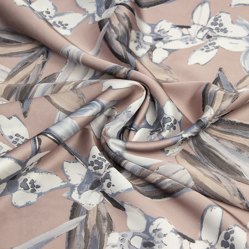 Ткань Армани шелк принт цветы KP11103.03 пыльно-розовый/белый (86г/кв.м) 150 см/±50м