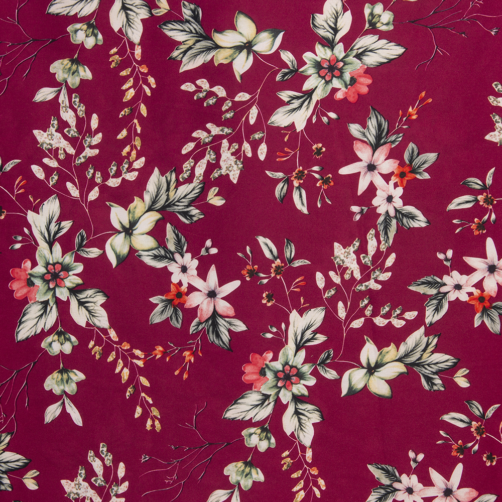 Ткань Армани шелк принт цветы KP11103.11 вишневый/зеленый (86г/кв.м) 150 см/±50м