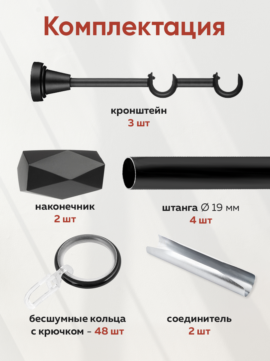 Карниз 19/19 Черный 2,4 м "ПРИЗМА" (QWLZ19/19, 2.4, BL) гладкий (2 наконечника, 2 заглушки)