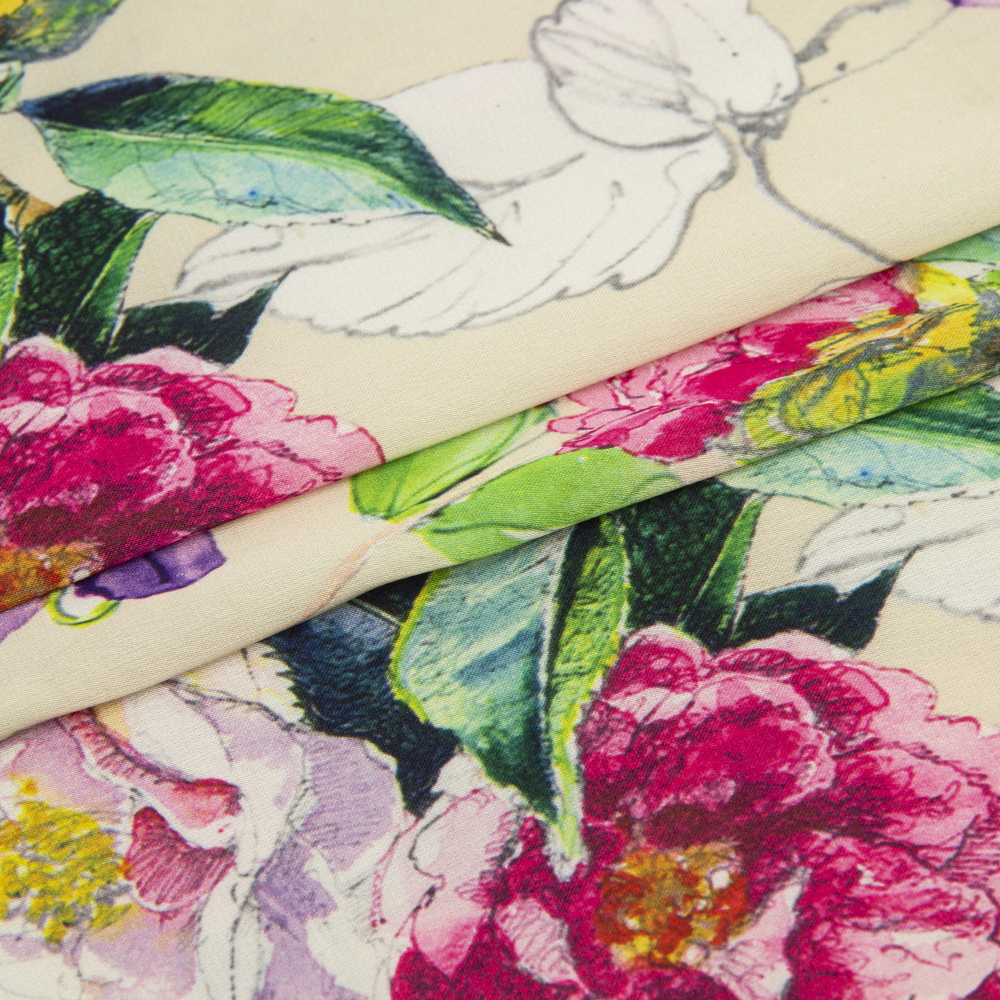 Ткань Армани шелк принт цветы KP11103.13 пастельно-желтый/розовый (86г/кв.м) 150 см/±50м