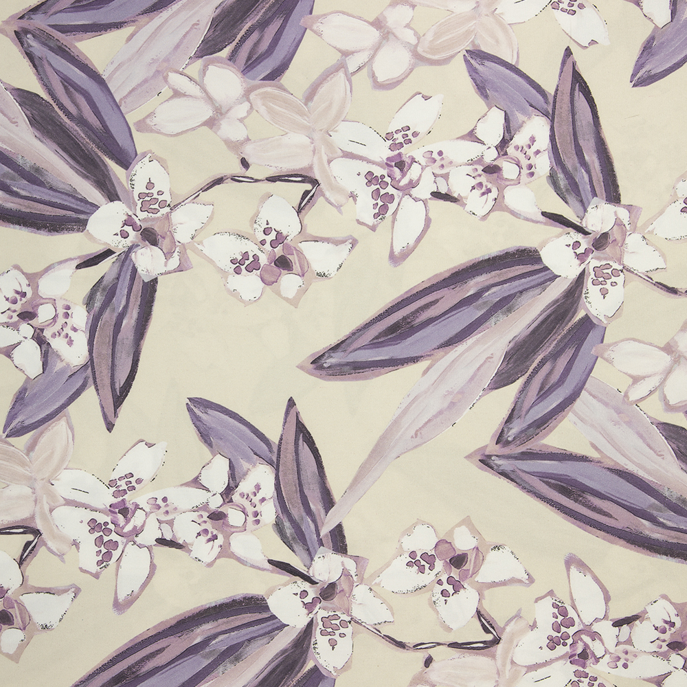 Ткань Армани шелк принт цветы KP11103.04 бежевый/сиреневый/белый (86г/кв.м) 150 см/±50м