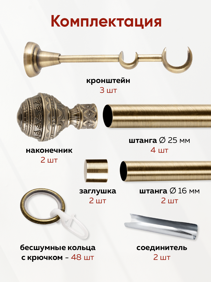 Карниз гладкий 2-рядный составной 25/16 мм цвет Антик 2,4 м "КРАШ" (2 наконечника, 2 заглушки)