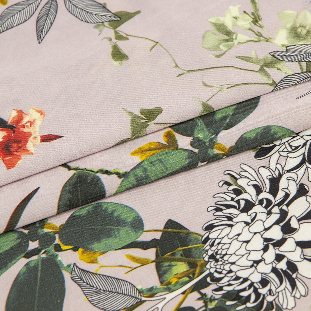Ткань Армани шелк принт цветы KP11103.02 пыльно-розовый/хаки (86г/кв.м) 150 см/±50м