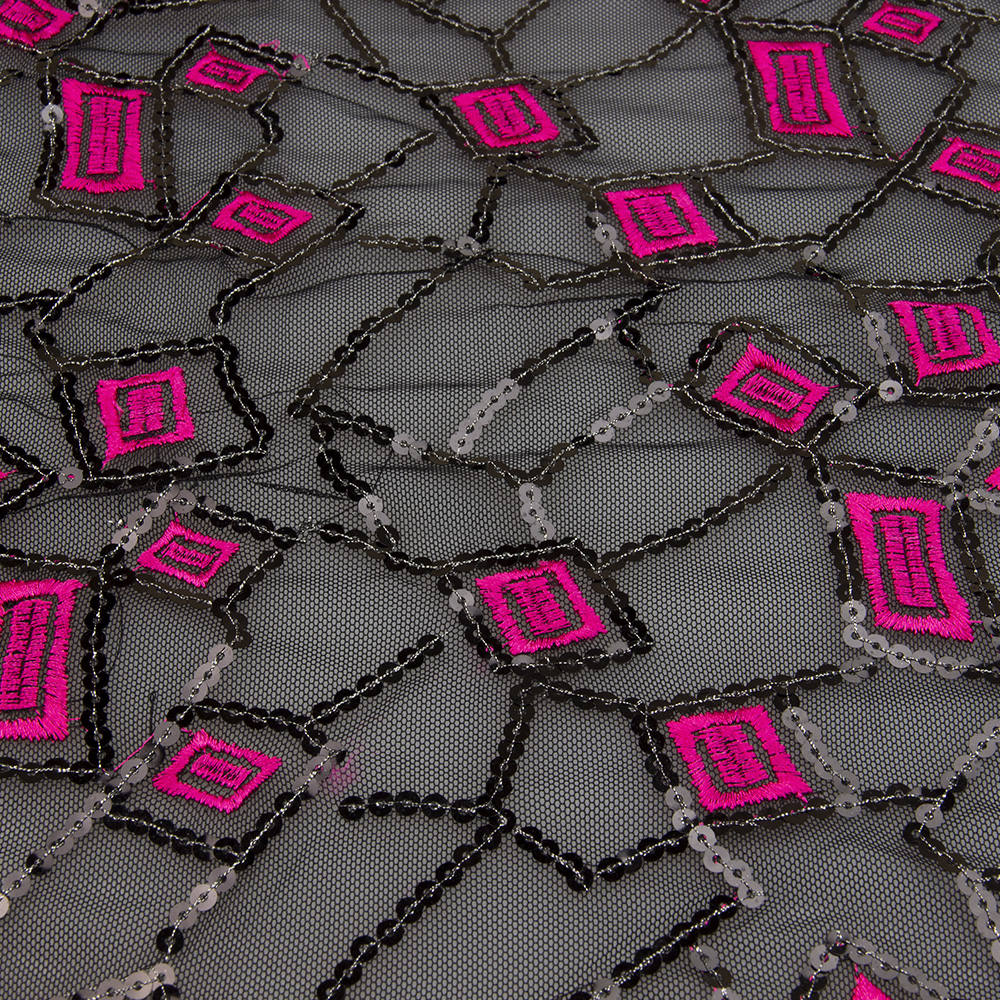 Ткань с пайетками G-591A ярко-розовый на черном (15ярд)