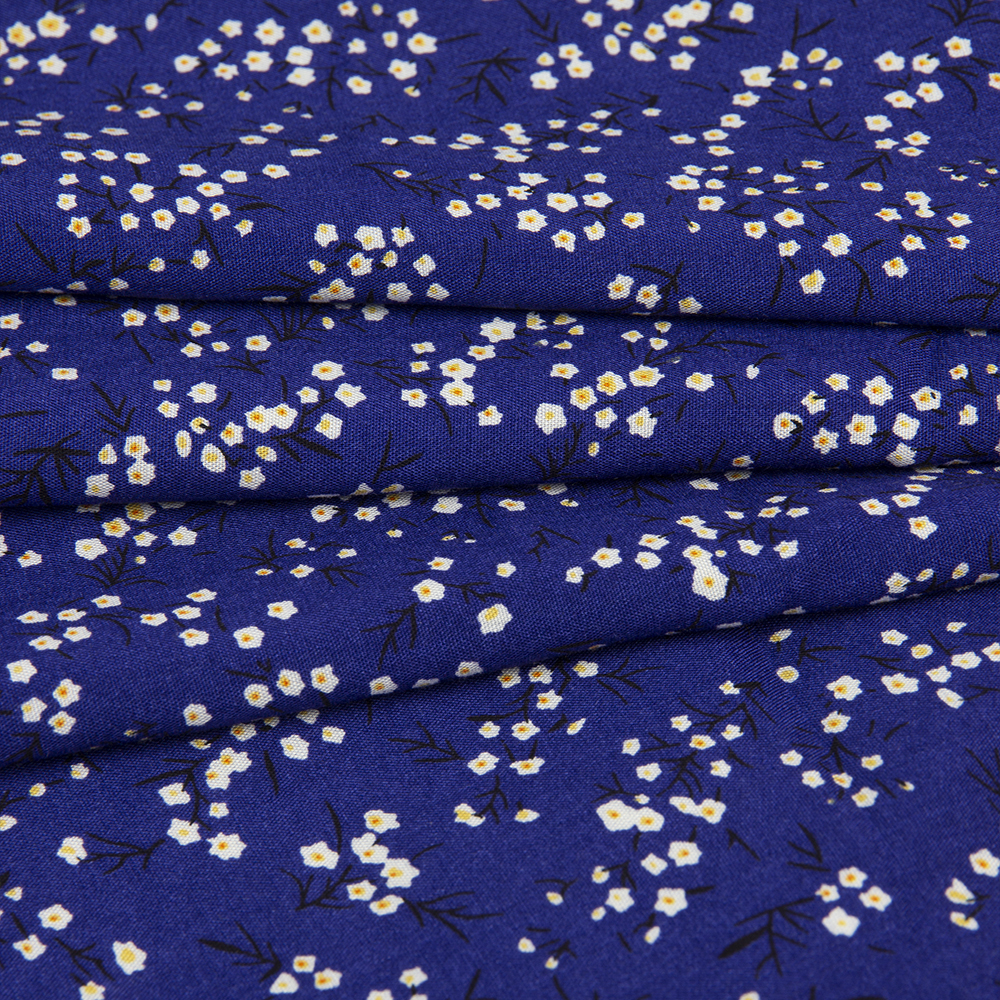 Ткань Штапель HM208-Е211.3 синий принт цветы (92г/кв.м) 150см/±50м