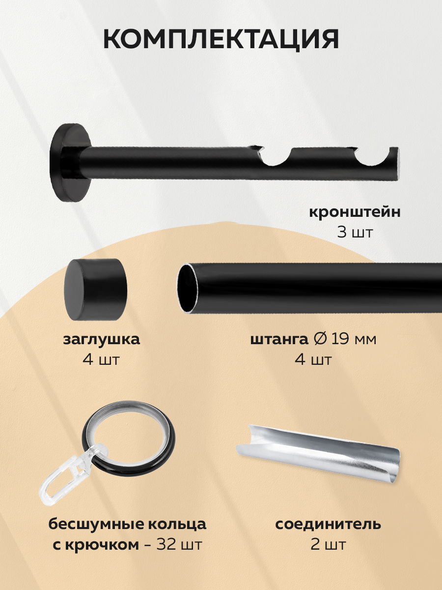 Карниз 19/19 Черный 1,6 м (SL19/19, 1.6, Ht, BL) гладкий "ХАЙ-ТЕК" (4 заглушки)