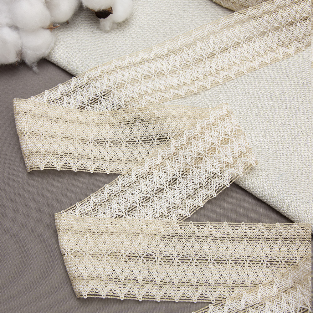 Кружево вязаное 60784/54 бежевый с белым (шир. 54 мм/25 м, 44% хлопок, 30% ПЭ, 26% ПЭ/Вис/Лен)