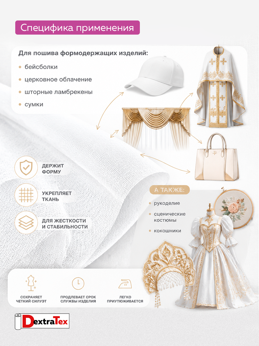 Дублерин жесткий тканый DextraTex 3832 НF (248 г/кв.м, 100% пэ, клей LDPE) белый 150 см (91,44 м)