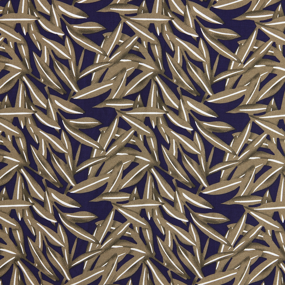 Ткань Штапель Е404.03 хаки темно-синий листья (108 г/кв.м) 150см/±35м