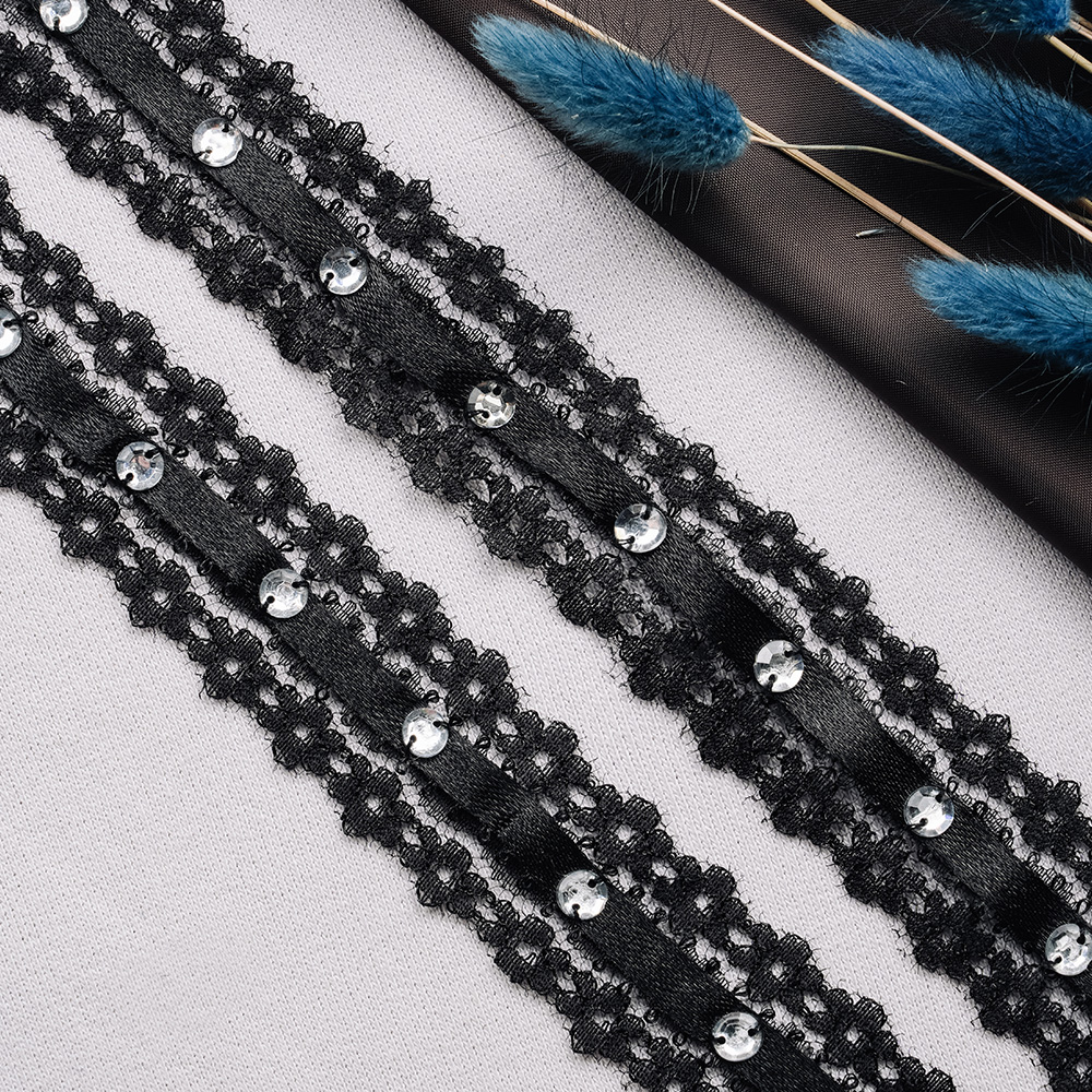 Тесьма кружево со стразами 62A-2-UG1286 черный (45,72 м)
