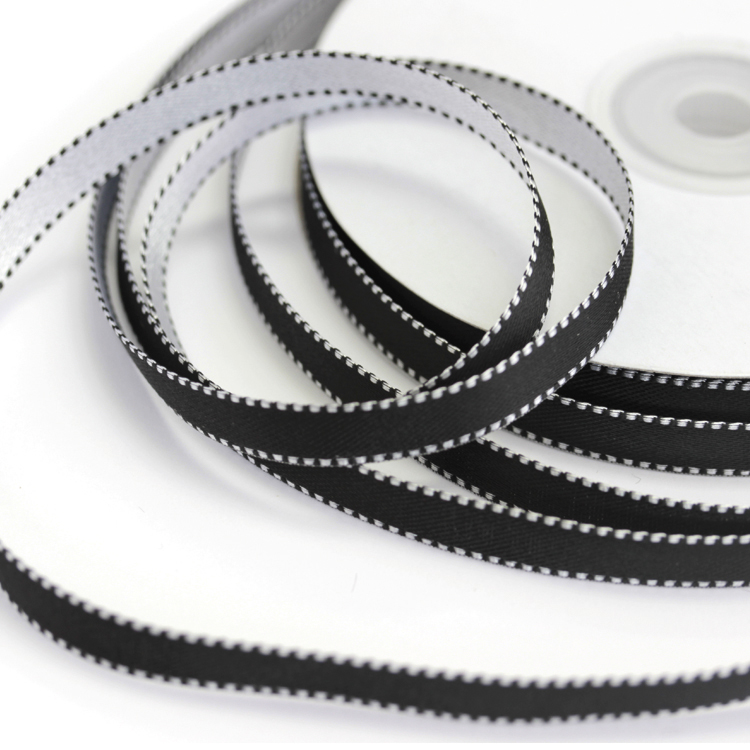 Лента атласная двухсторонняя двухцветная 1142HG черный/серый 10 мм (25 ярд)