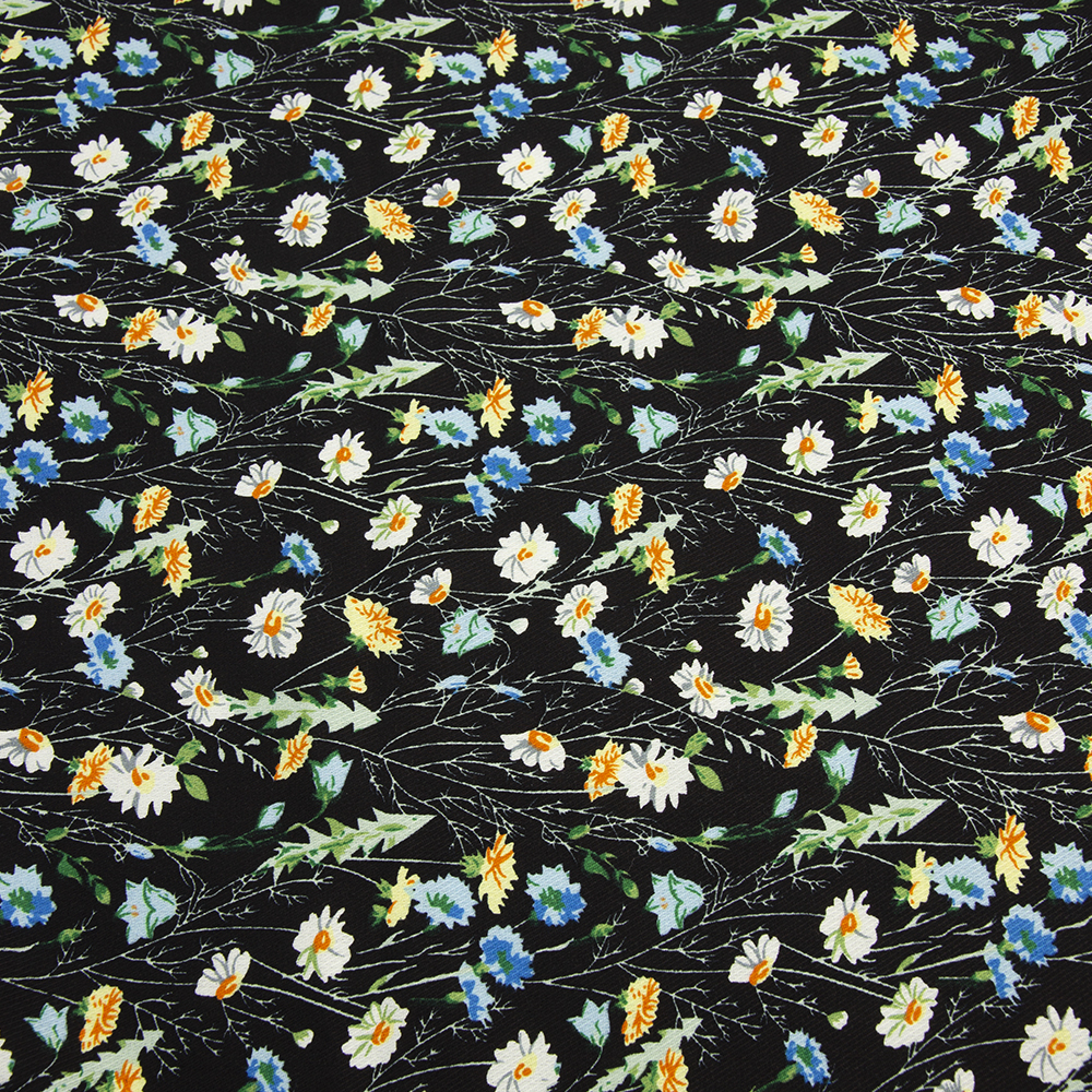 Ткань Штапель твил черный принт цветы HM216-F85 (140г/кв.м) 150см/±50м