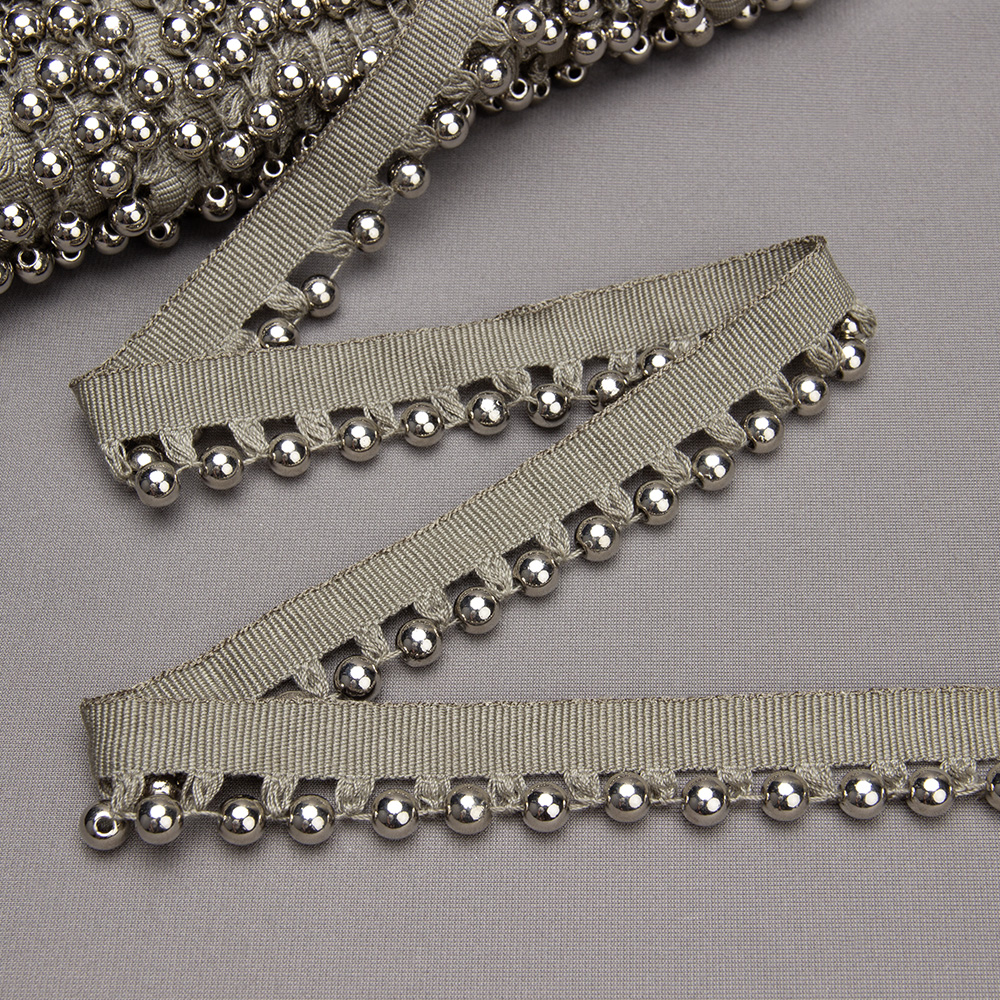 Бахрома-кант с бусами A121C-8 серо-бежевый/серебро (25 м)
