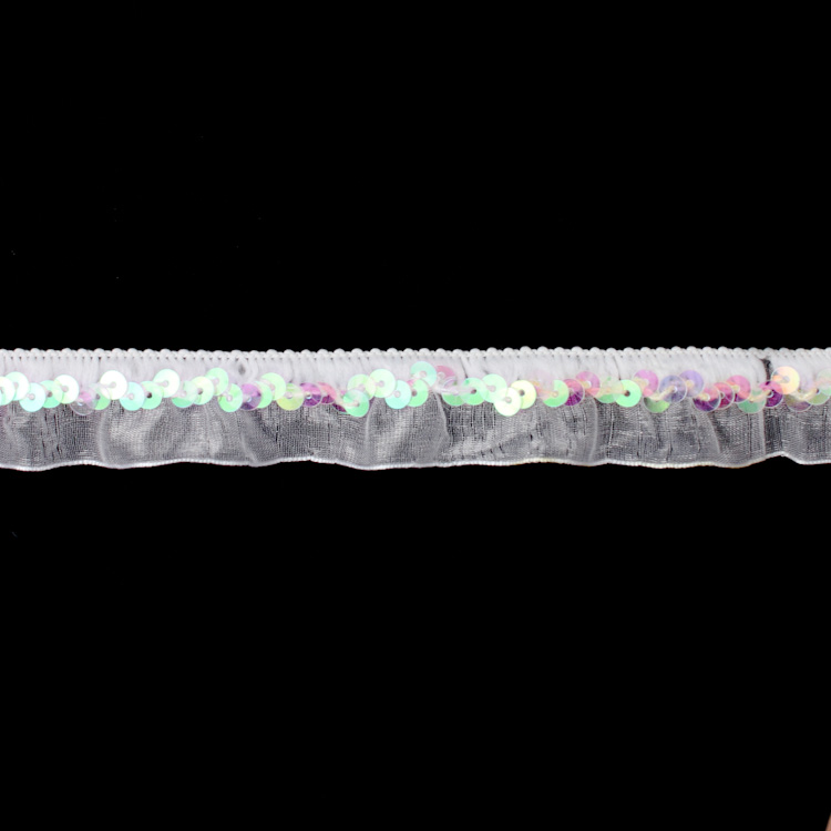 Тесьма-оборка с пайетками 8989 белый (50 ярд)