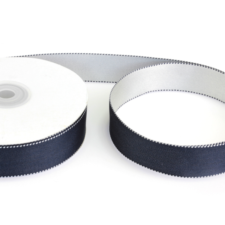 Лента атласная двухсторонняя двухцветная 1143HG темно-синий/серый 25 мм (25 ярд.)