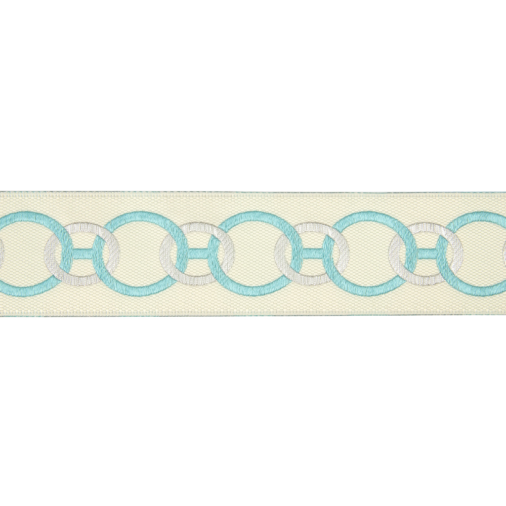 Текстильный бордюр YGH258-5 Mirtex молочный/бирюзовый/серебро "Кольца", ширина 4 см/±25 м