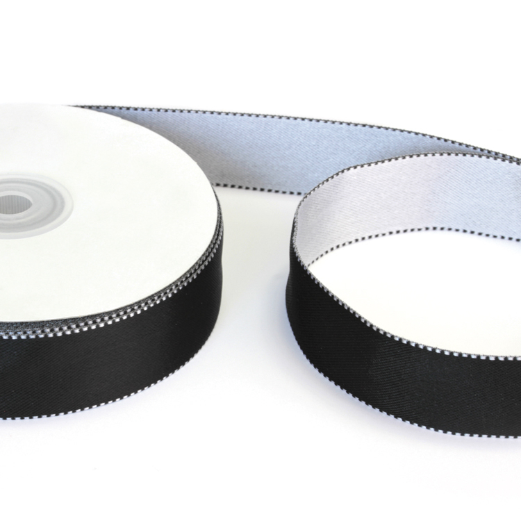 Лента атласная двухсторонняя двухцветная 1142HG черный/серый 25 мм (25 ярд.)