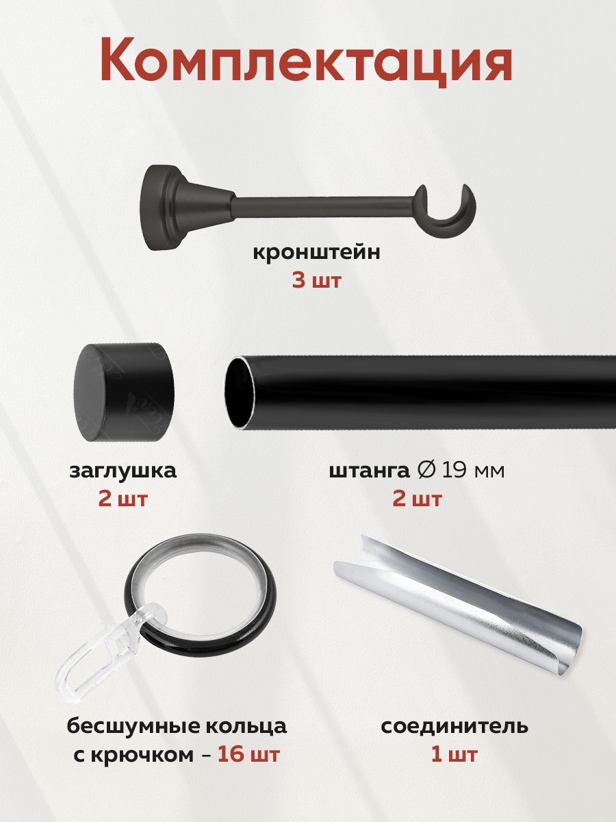 Карниз MirTex гладкий 1-рядный составной 19 мм цвет Черный 1,6 м (2 заглушки)