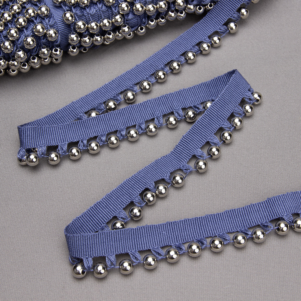 Бахрома-кант с бусами A121C-2 синий деним/серебро (25 м)