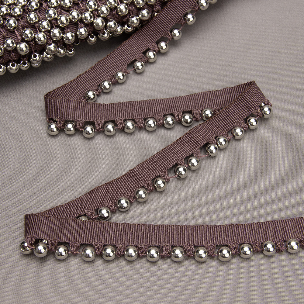Бахрома-кант с бусами A121C-6 темно-коричневый/серебро (25 м)