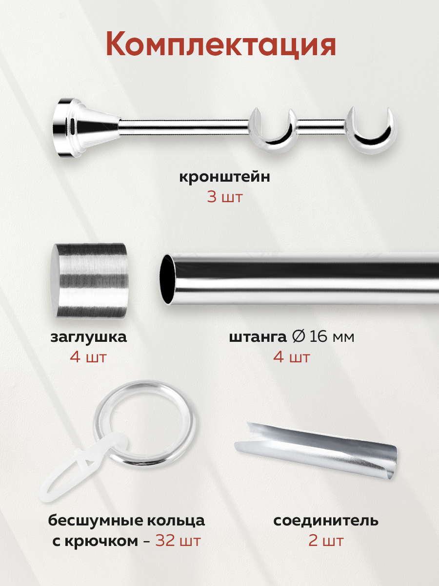 Карниз MirTex гладкий 2-рядный составной 16/16 мм цвет Хром 1,6 м (4 заглушки)