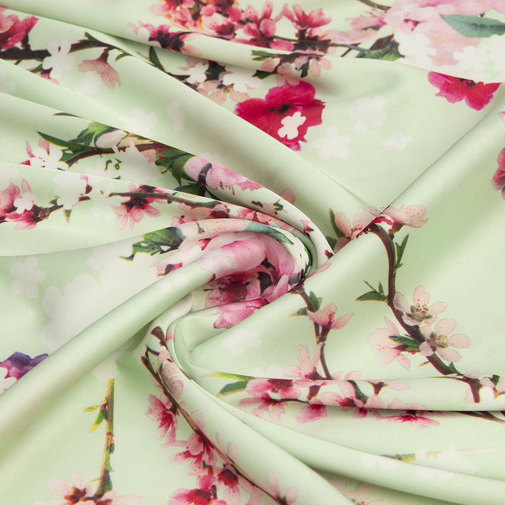 Ткань Армани шелк принт цветы KP11103.16 пастельно-зеленый/розовый (86г/кв.м) 150 см/±50м