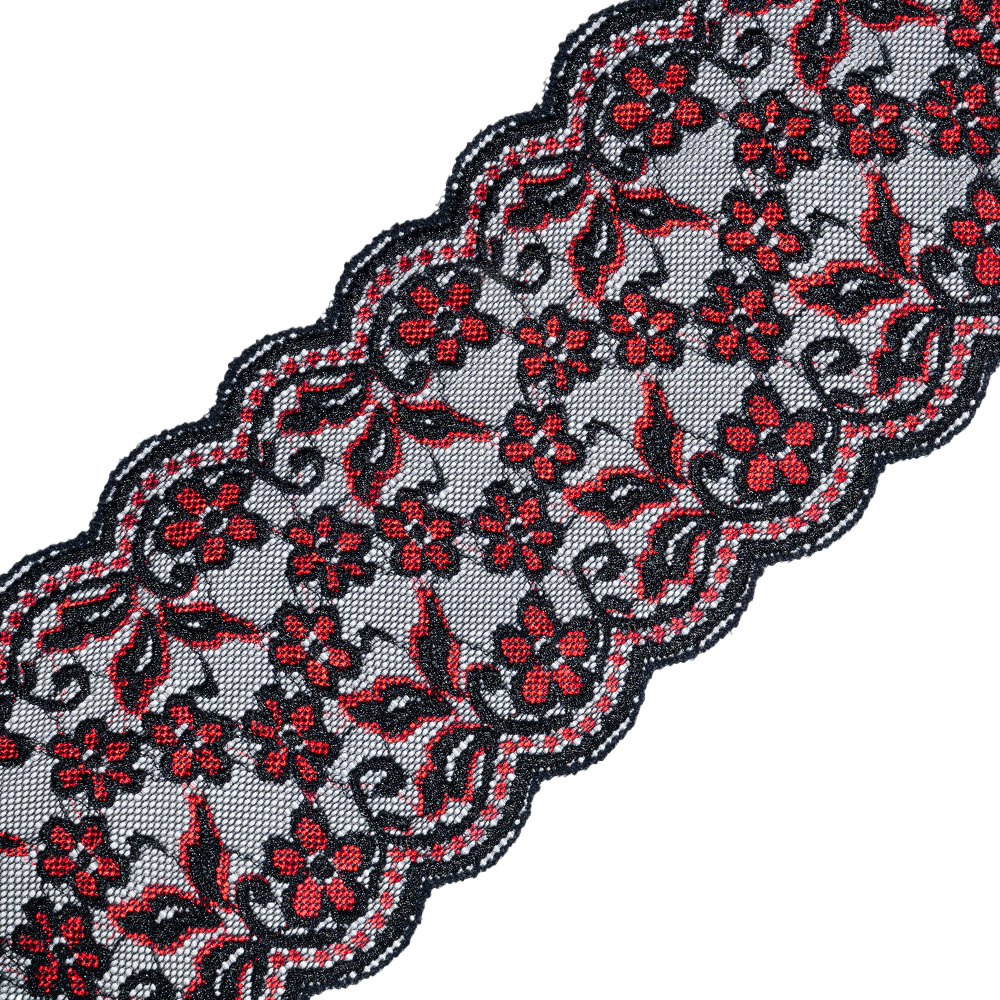 Кружево эластичное 15336 красно-черный, 16 см, (95 ярд)