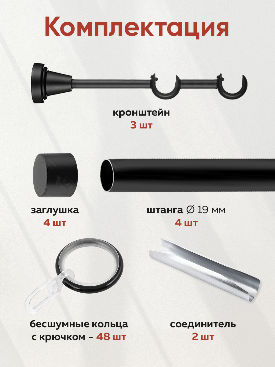Карниз MirTex гладкий 2-рядный составной 19/19 мм цвет Черный 2,4 м (4 заглушки)
