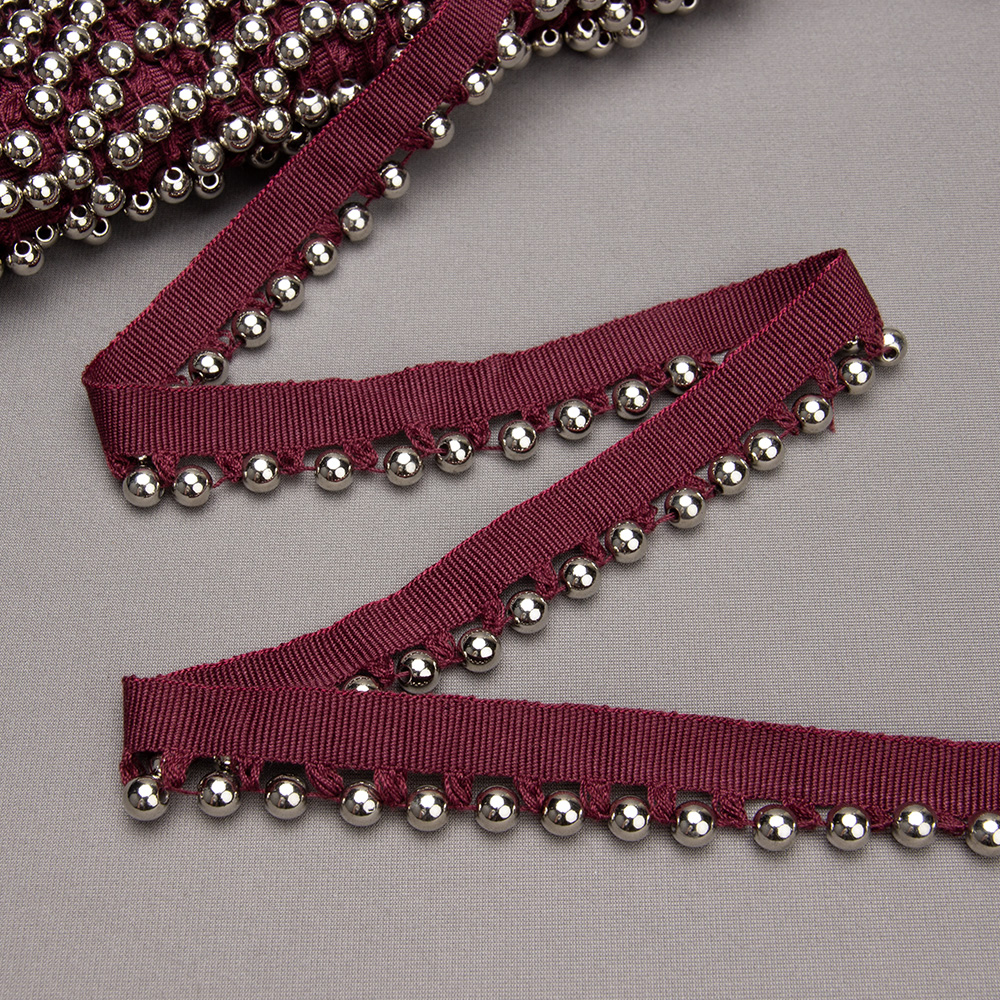Бахрома-кант с бусами A121C-4 бордовый/серебро (25 м)