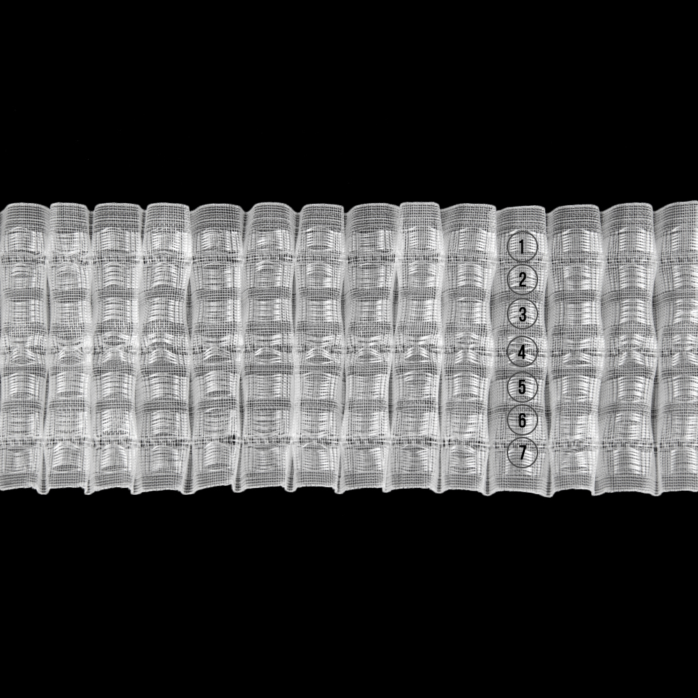 Шторная лента многокарманка 214 (1:2) MirTenda прозрачная, (7 карманов, корд-3 лески) 8,5 см/100 м