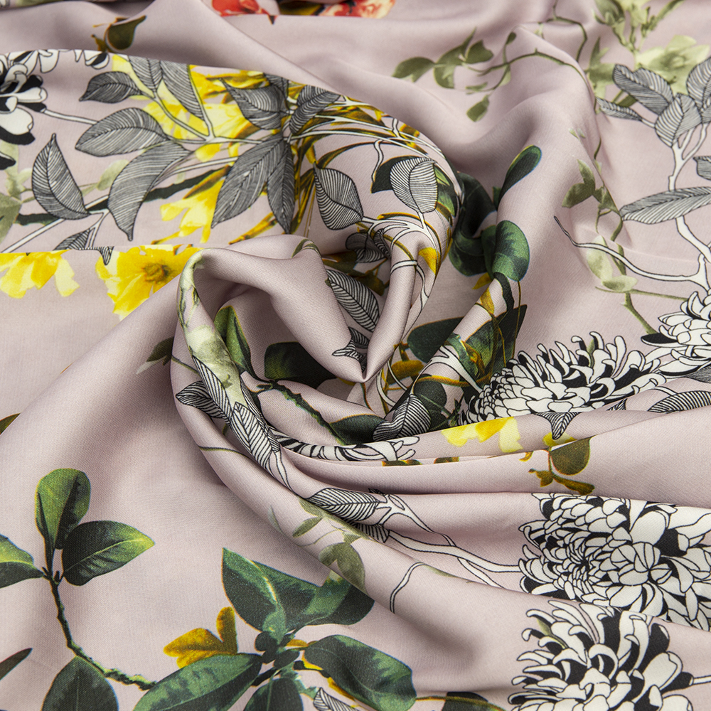 Ткань Армани шелк принт цветы KP11103.02 пыльно-розовый/хаки (86г/кв.м) 150 см/±50м