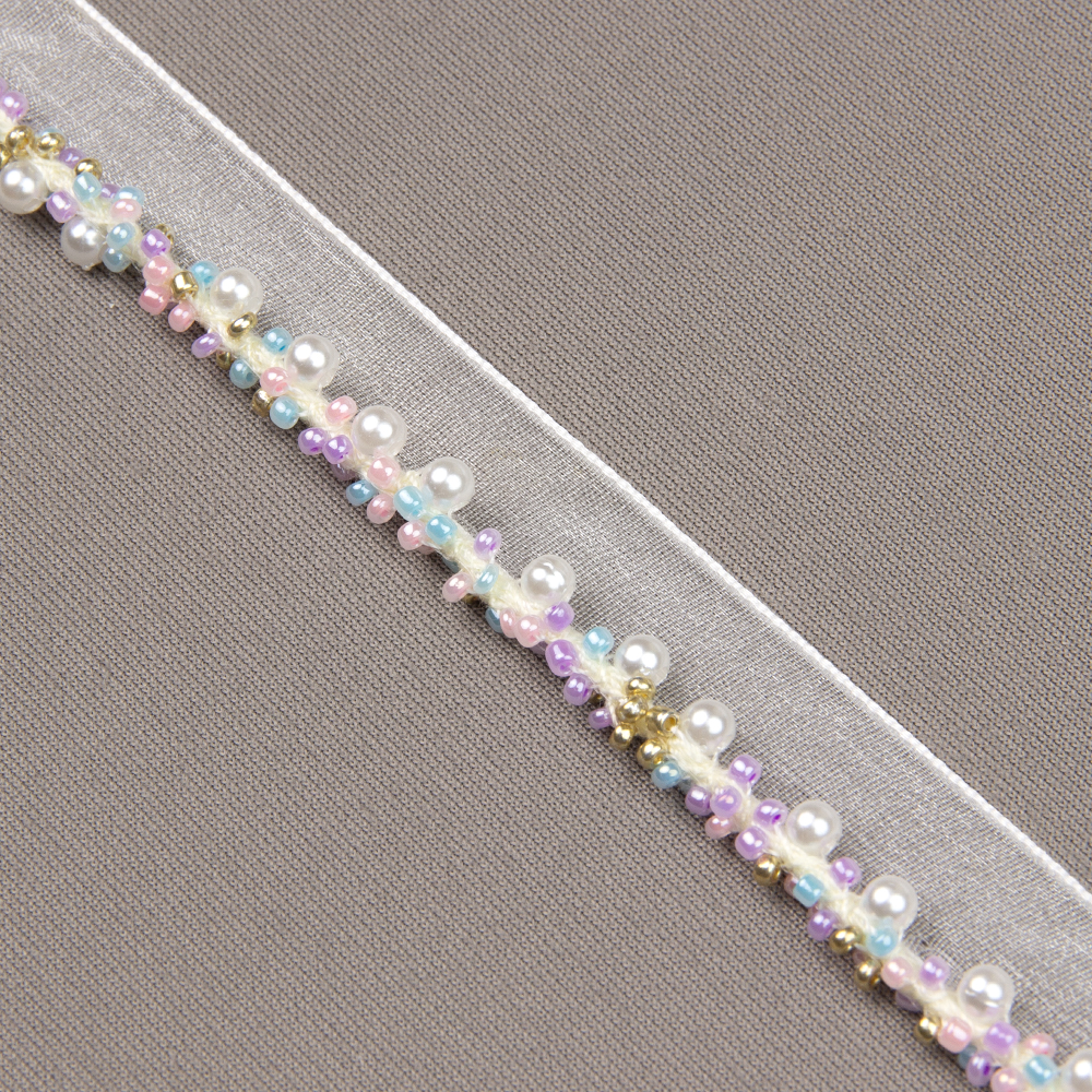 Кант на органзе с жемчугом и со стеклярусом 1505 микс цветов (уп.9.14 м)