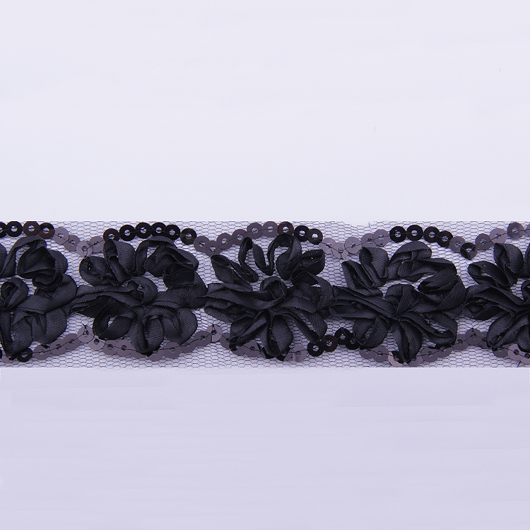 Тесьма объемная с пайетками  2018 черный Шир:4,5см/ уп.25,6м