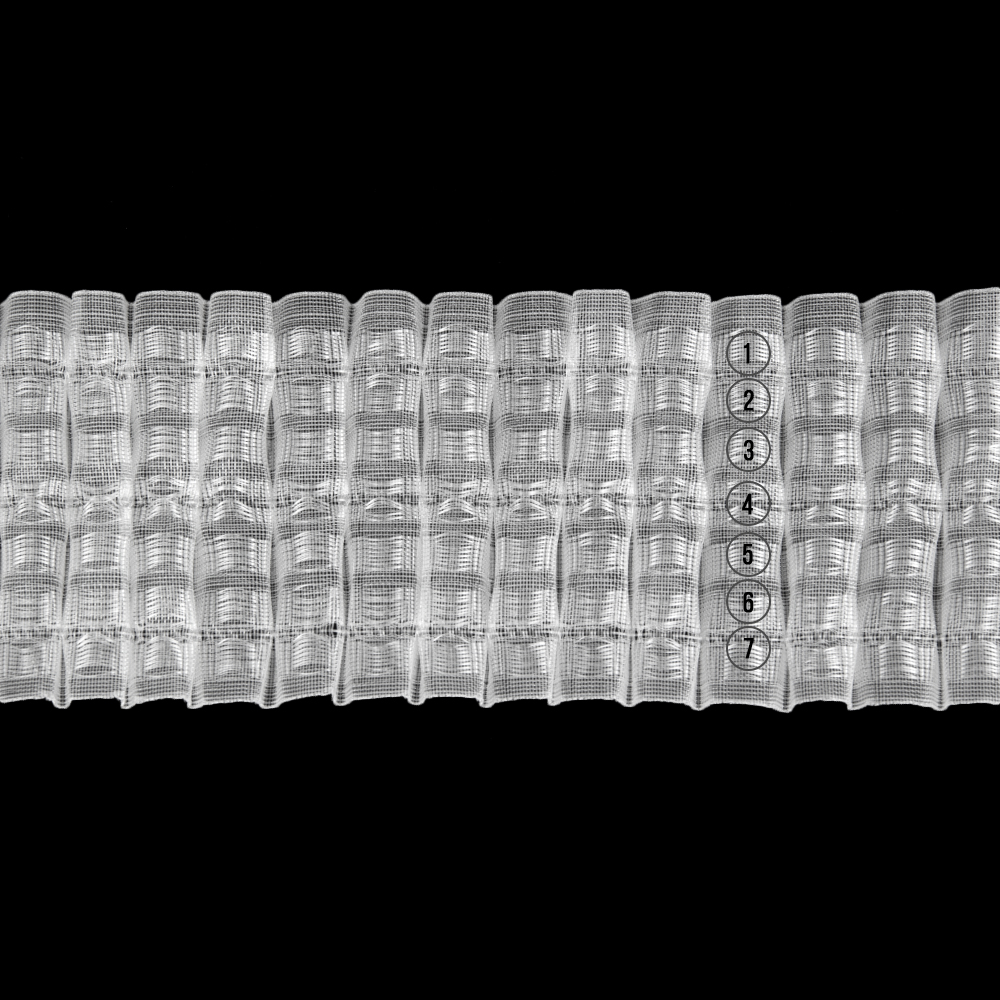 Шторная лента многокарманка 214 (1:2) MirTex прозрачная, (7 карманов, корд-3 лески) 8,5 см/100 м